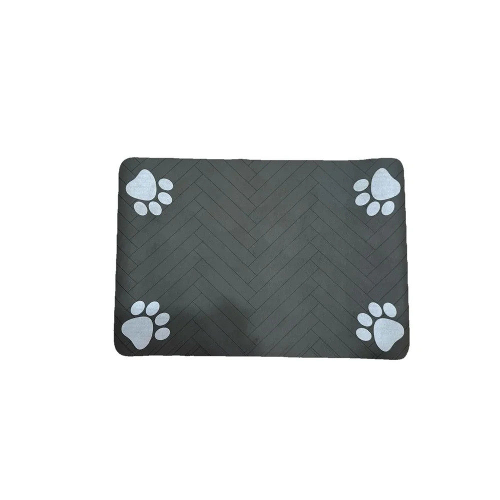 Grey Absorbent Paw Print Pet Food Mat Waterproof Herringbone‎ Design 16x24